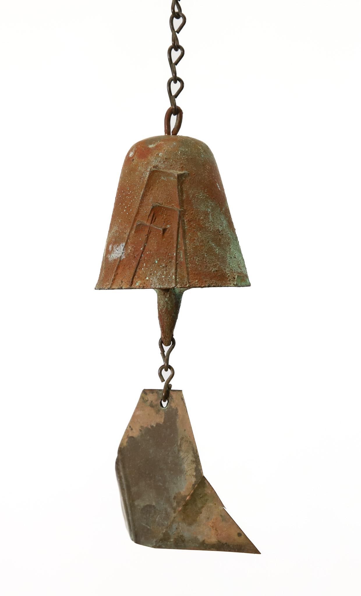 Paolo Soleri for Arcosanti Windbell: Bronze bell in a matte verdigris finish, with copper wind sail, marked. 6.5", 19" including chain