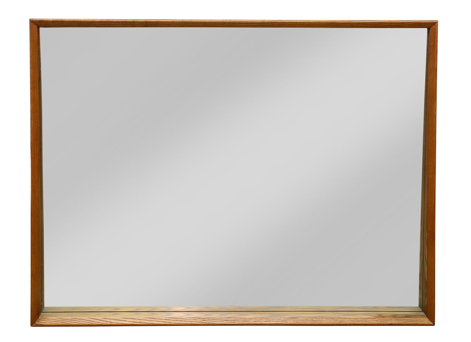 Jack Cartwright for Founders Mirror: Walnut wall mirror with a tapered frame. There are several vintage stickers on the mirror. 31"h x 41"w