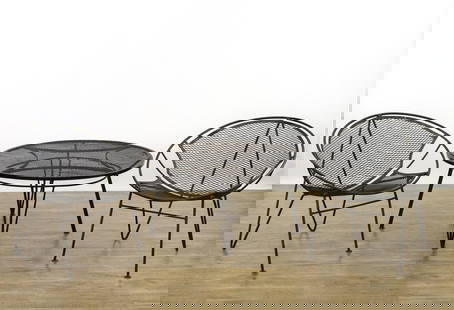 Maurizio Tempestini for Salterini Patio Furniture: Wrought iron mesh pair of hoop chairs with hairpin back legs, and a center table with hairpin legs, unmarked. Surface wear/weathering. (3) pieces. Chairs 28"h x 29.5"w x 25"d, seat height 16"; table 1