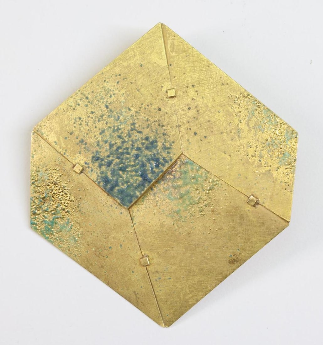 Graziano Visintin Brooch: Visintin Graziano enamel brooch, 14K gold, featuring geometric panels enamel wash. Signed and dated 2007. 2.75" x 2.5". 11.2 dwt.