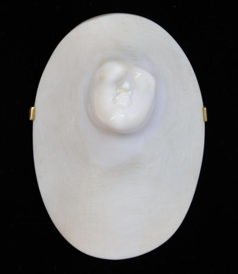 Shinji Nakaba Carved Brooch: Shinji Nakaba carved helmet shell brooch with 18K hardware, featuring a sculpted face in relief. 3.25" x 2.25". Small chip.