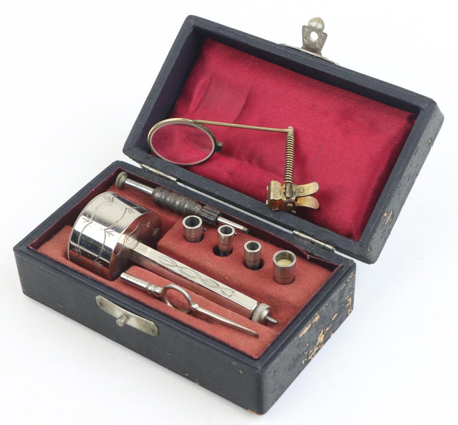 Antique Ophthalmic Medical Device: Cased antique ophthalmic medical surgical device being a Von Hippel corneal trephine that was used to create a circular opening to facilitate corneal transplants. The cased instrument/device includes 