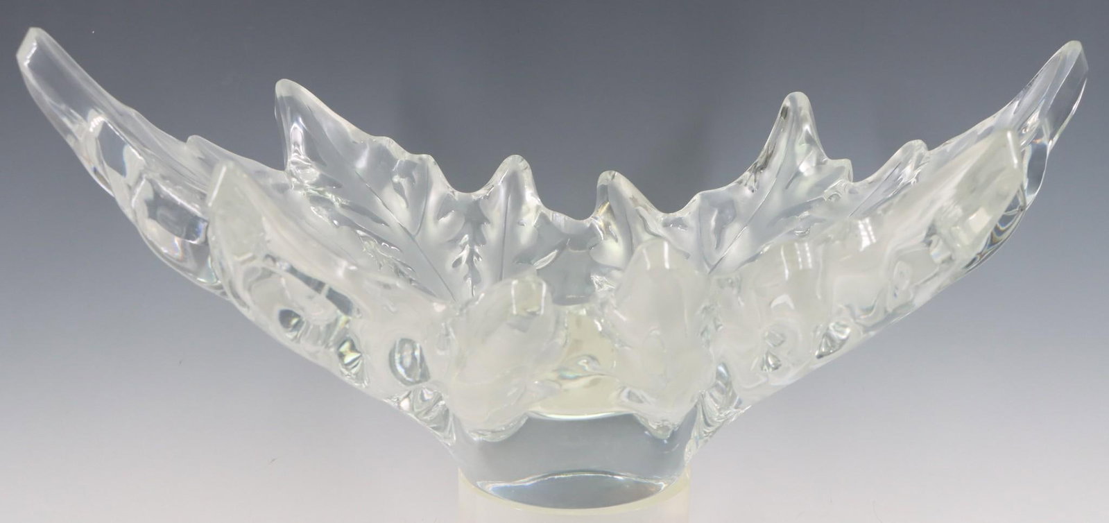 Lalique Champs Elysee Crystal Centerpiece Bowl: French molded crystal foliate form centerpiece bowl, frosted and clear, with engraved markings. 7.75"h x 18"w x 11.5"d