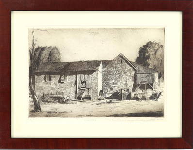 Daniel Garber (1880 - 1958): Etching and drypoint, "Improvidence", ca. 1926, Pencil signed (twice), titled and dedicated, "To Franklin Scott Clark with my compliments, Daniel Garber". Realist etching of a rustic barnyard. 7 7/8"