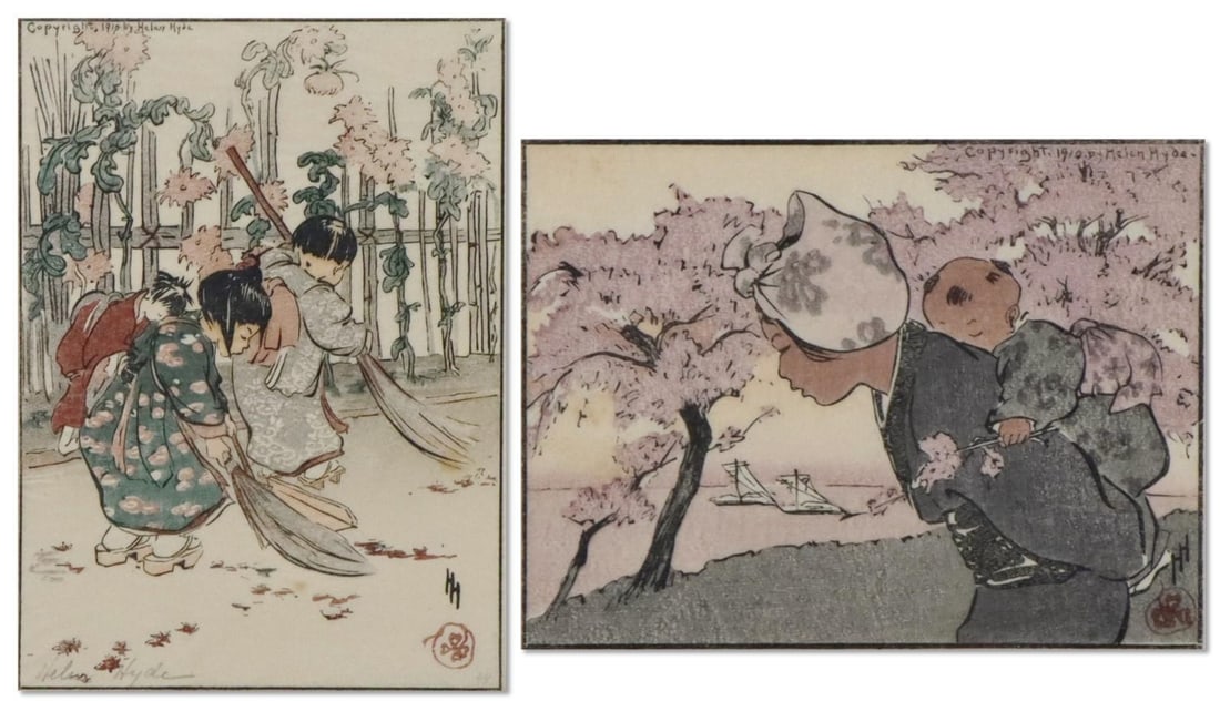 Helen Hyde (1868 - 1919): Woodblocks, "An April Evening" and "New Brooms", Pencil signed. Japanese-influenced woodblock prints depicting scenes of daily life. Impression sizes 3.5"h x 4.75"w (sheet 8.5"h x 10.5"w) and 6.5"h x