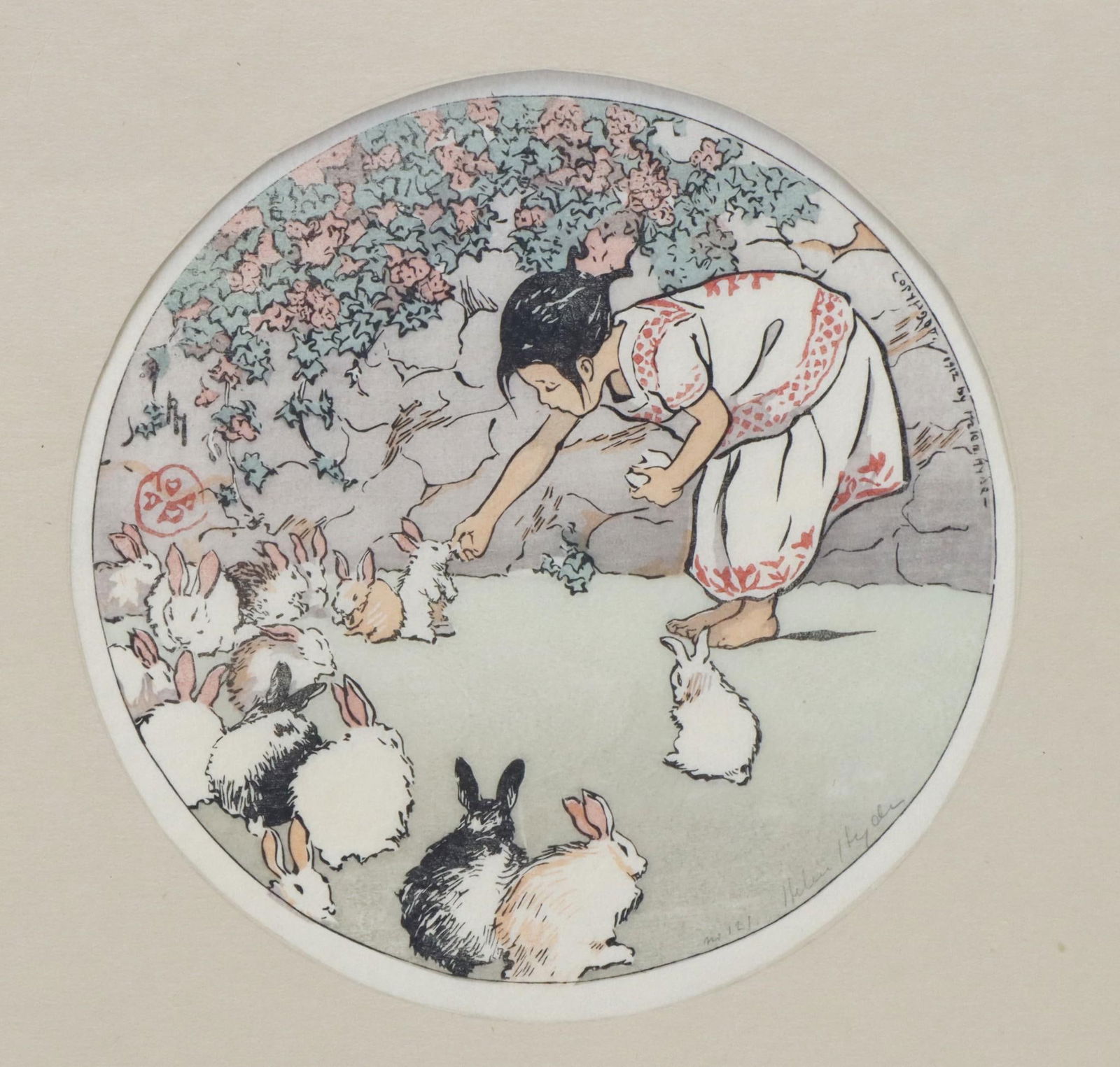 Helen Hyde (1868 - 1919): Woodblock, "Feeding the Bunnies", pencil signed lower right. Japanese-influenced woodblock print depicting scenes of daily life. Impression size 6.5" round. Sheet 10.5"h x 9.5"w