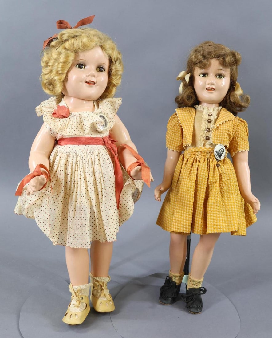 COMPOSITION DOLLS.: Pair of all original dolls. Both dolls have their original PINS. 17" IDEAL "Deanna Durbin" doll with brown HH wig, sleep eyes. Dressed in gold check 2 pc. seersucker outfit, 1 pc. under garment, black