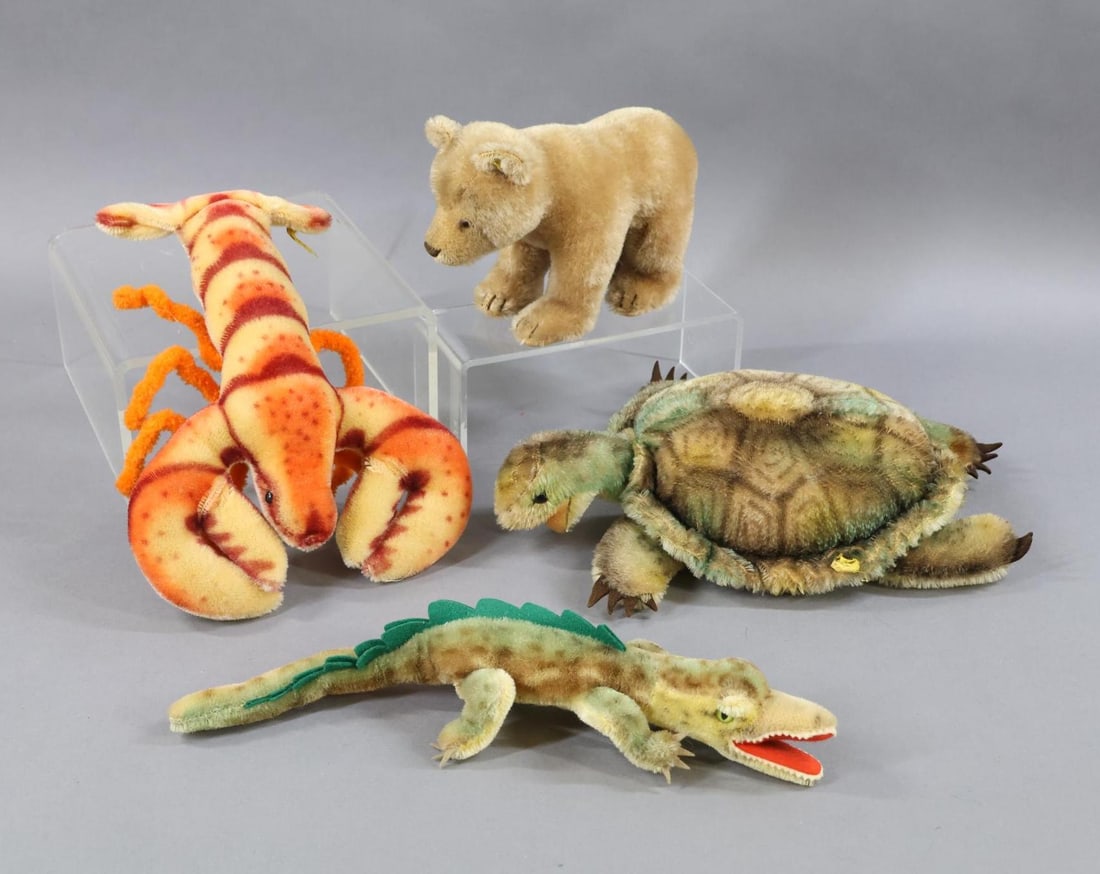 VINTAGE STEIFF.: LOT of (4) mohair animals. 6" Standing caramel "Bear" with brown glass eyes. Raised silver button , part of yellow tag. (3) Aquatic animals - 12" All mohair variegated "Slo" Turtle. Incised silver but