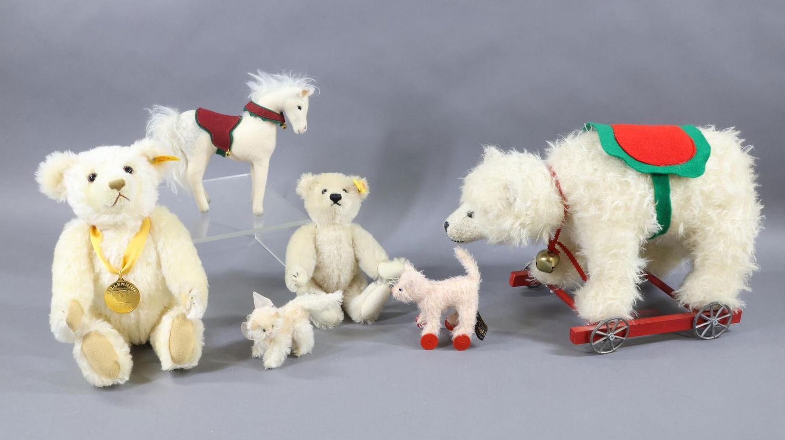 STEIFF & OTHER MOHAIR ANIMALS.: LOT of (6) animals. STEIFF - 8 1/2" pale gray "Original Teddybar". Incised brass button, yellow tag 0167/22. 12" Ivory "2000 Millennium" Bear made exclusively for The Danbury Mint. Brass chest medalli