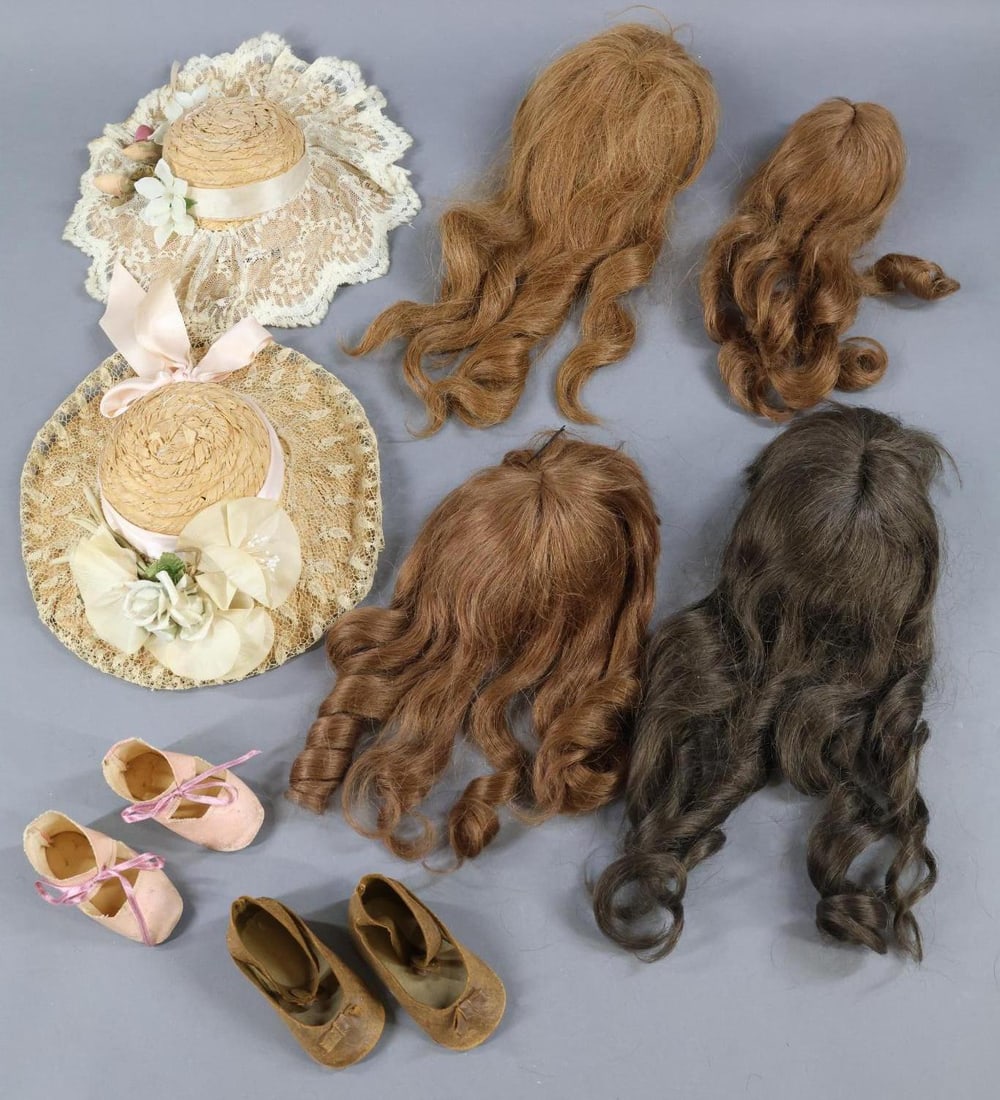 DOLL SUPPLIES.: LOT of WIGS, SHOES, HATS. Wigs - (4) long curly HH wigs, (3) are French. Marked 10,7, 5, 14"-15". (2) unused. Shoes - (2) prs. antique. Pink heeled oilcloth 3 1/4". Brown leather Mary Jane 3 1/2". Hat