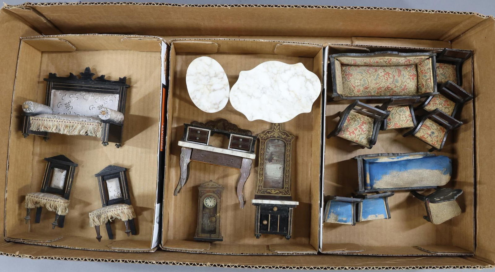 MINIATURES.: LOT of antique German furniture. (4) Different sets of wooden furniture. 4 Pcs. with marble tops - (2) tables, desk, hall pc. and a wall clock that goes with set. (3) Pc. set with grey silk upholstery