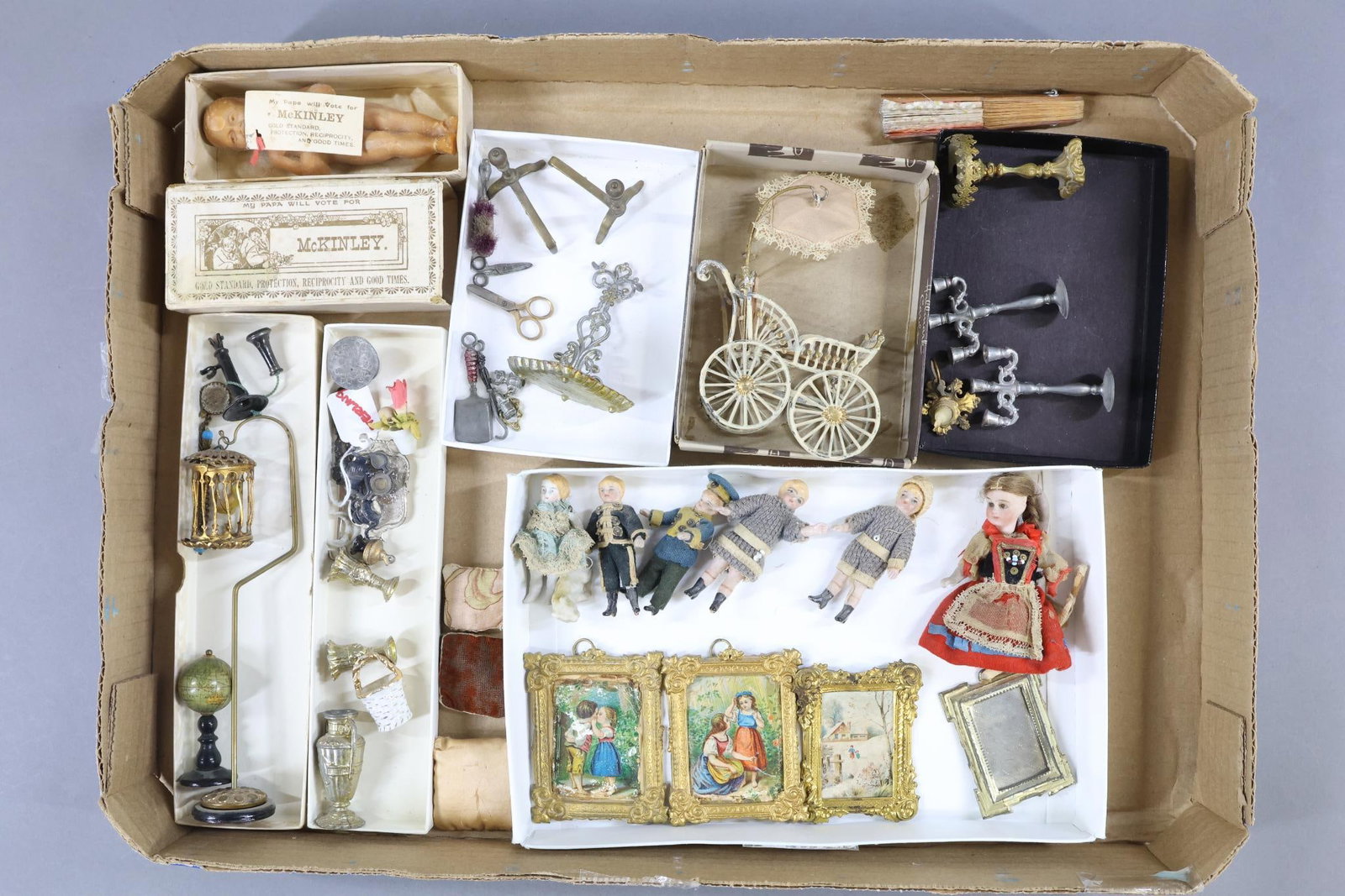 MINIATURES.: LOT of antique DOLLS and ACCESSORIES. Dolls - (4) German all bisque 2 1/4", 2 1/2". Parian 2 1/4". Doll in red dress (is missing both legs and needs arms restrung.) 4 1/2" Soap doll in OB. Wonderful m