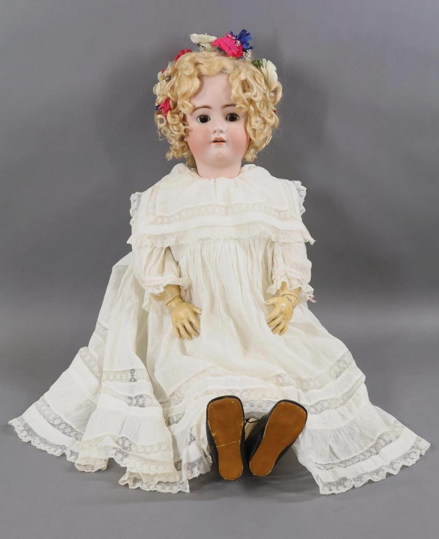 GERMAN BISQUE DOLLS.: 32" GERMANY HEINRICH HANDWERCK SIMON & HALBIG 6 1/2 Doll with brown sleep eyes, open mouth, pierced ears, beautiful curly blonde mohair wig. Papier mache ball jointed body is marked (red stamp) HEINRI