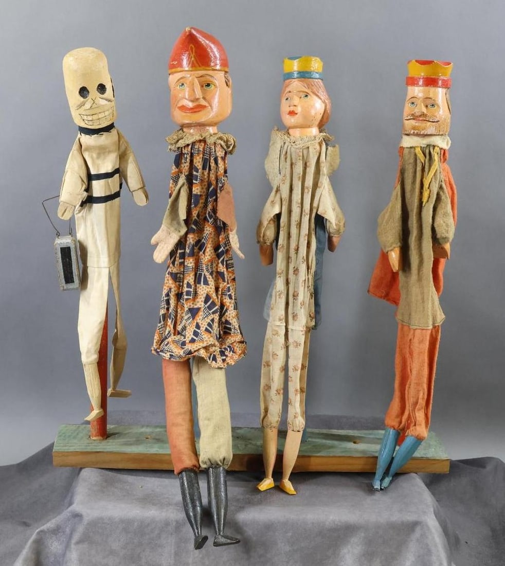 NOVELTY DOLLS/TOYS.: LOT of antique "Punch & Judy" type puppets. (4) Puppets with carved wooden heads. (3) Have wooden hands, (1) cloth. All have wooden lower legs. Punch. Judy. King. Skeleton carrying a lantern. Punch is