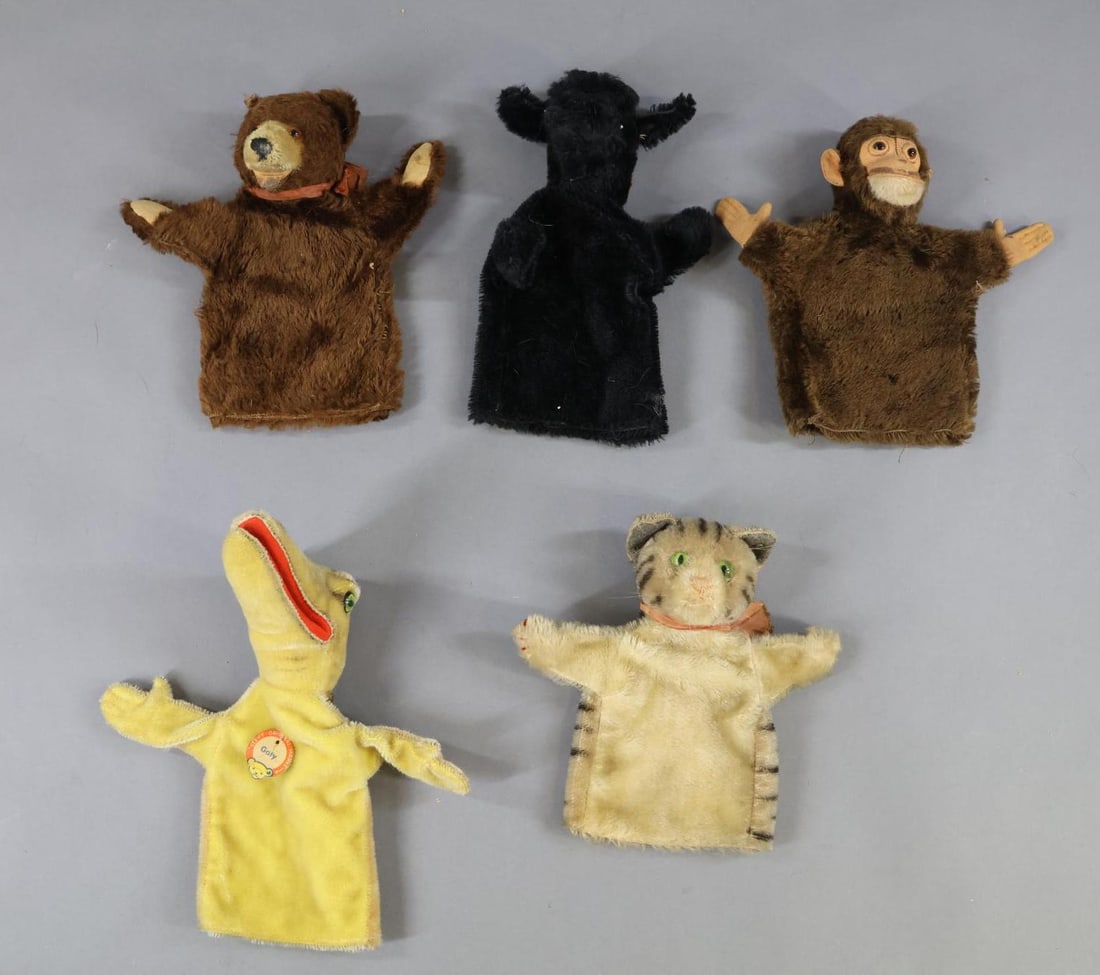 VINTAGE STEIFF.: LOT of (5) mohair hand puppets. All but "Gaty" have glass eyes. Unmarked - black "Snobby" Poodle (Loss on mohair.) Brown "Teddy Baby" Bear. (Loss on nose.) Tagged - "Jocko" Chimpanzee (raised silver b