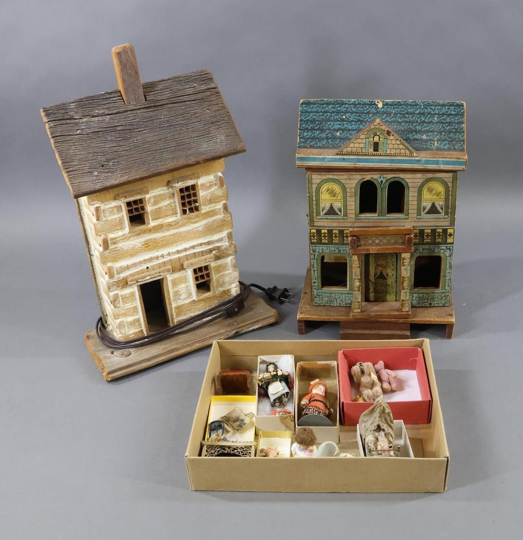DOLL HOUSES, MINIATURES.: Pair of antique Doll Houses. Doll Houses - 13" x 9" x 6" R. BLISS paper over wood doll house with front that swings open, two floors. Condition: age loss, discoloration. 17" x 11" x 5" Electrified woo