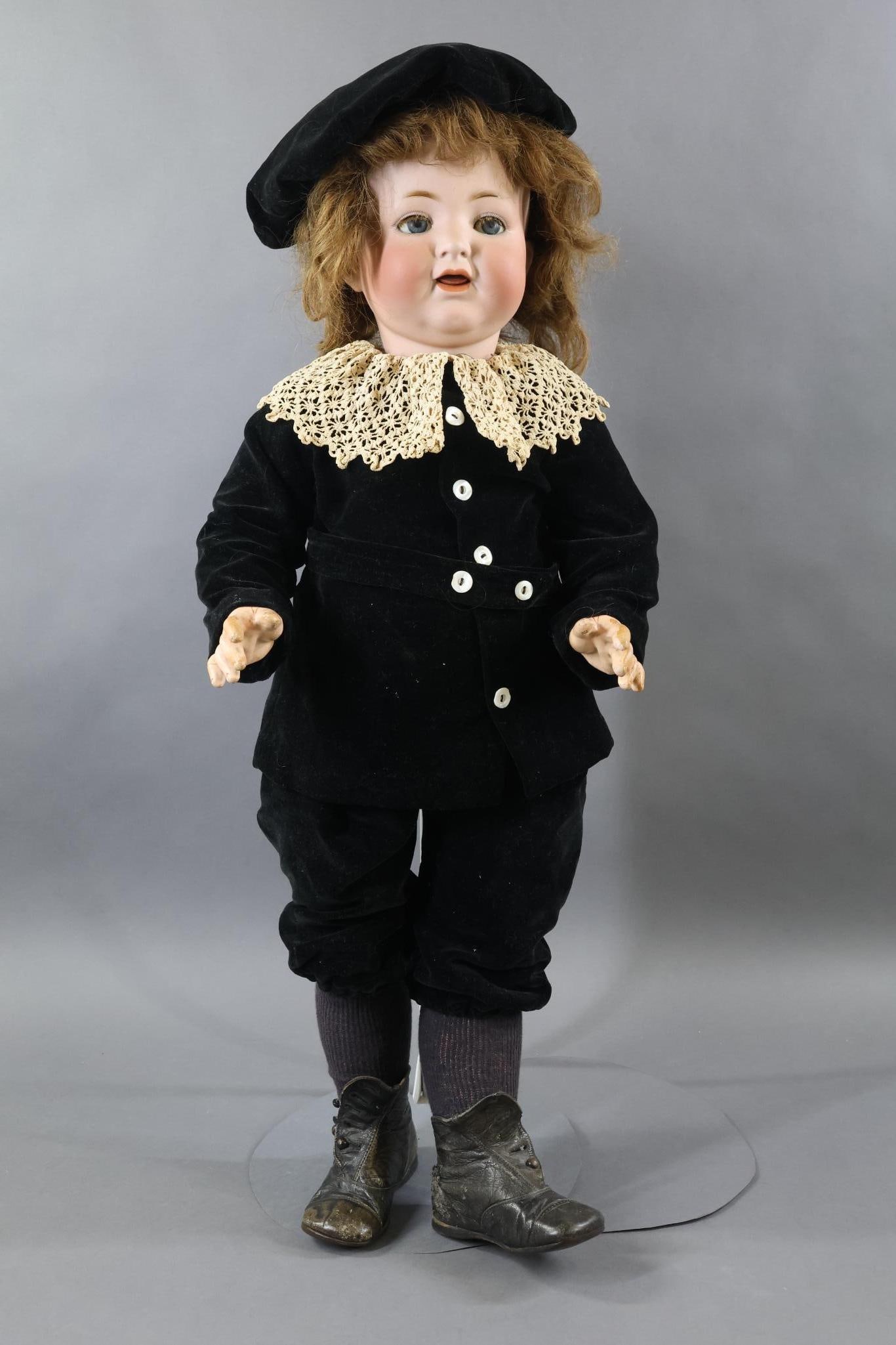 GERMAN BISQUE DOLLS.: 30" K * R SIMON & HALBIG 126 62 Character Toddler Doll. Blue sleep eyes with fluffy lashes, open mouth with woggle tongue, brown HH wig. Jointed papier mache toddler body with 1-pc. arms. Dressed in v
