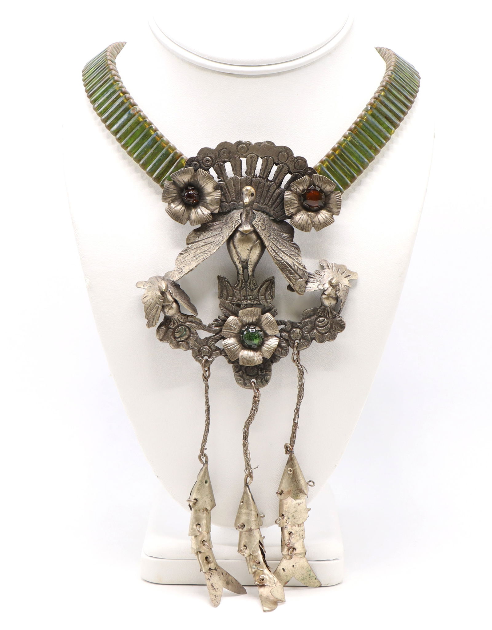 Peruvian Tupu / Bolivian Tupo Peacock Necklace: Peruvian Tupu / Bolivian Tupo peacock necklace with glass beaded necklace. Peacock pendant with glass bead floral and and articulated fish accents, 17", pendant 7.5"x3.5"