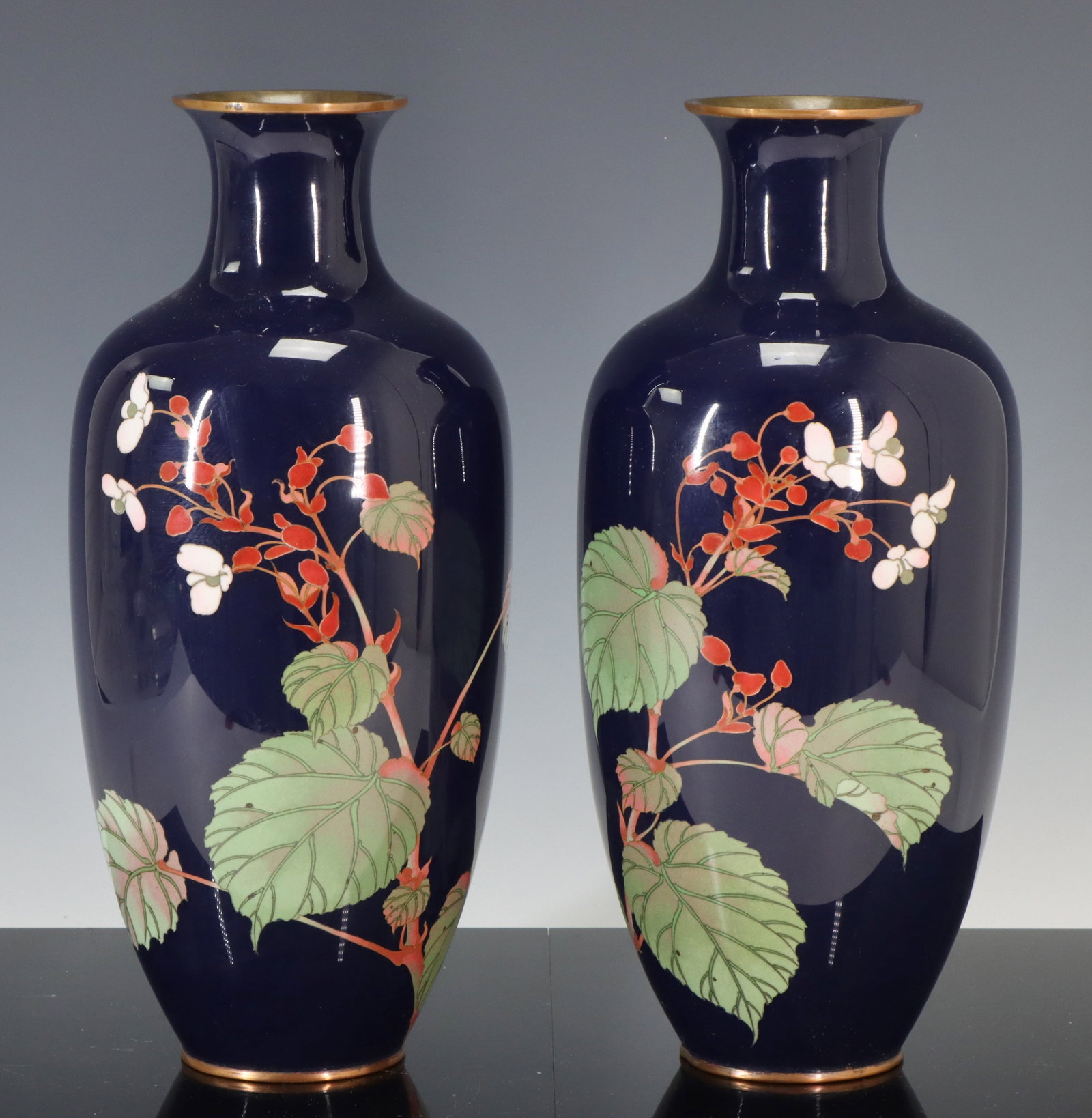 Japanese Cloisonne Vases: Meiji - Taisho era pair of silver wire cloisonne vases decorated with cherry blossoms. Unmarked. 12"h x 5"w