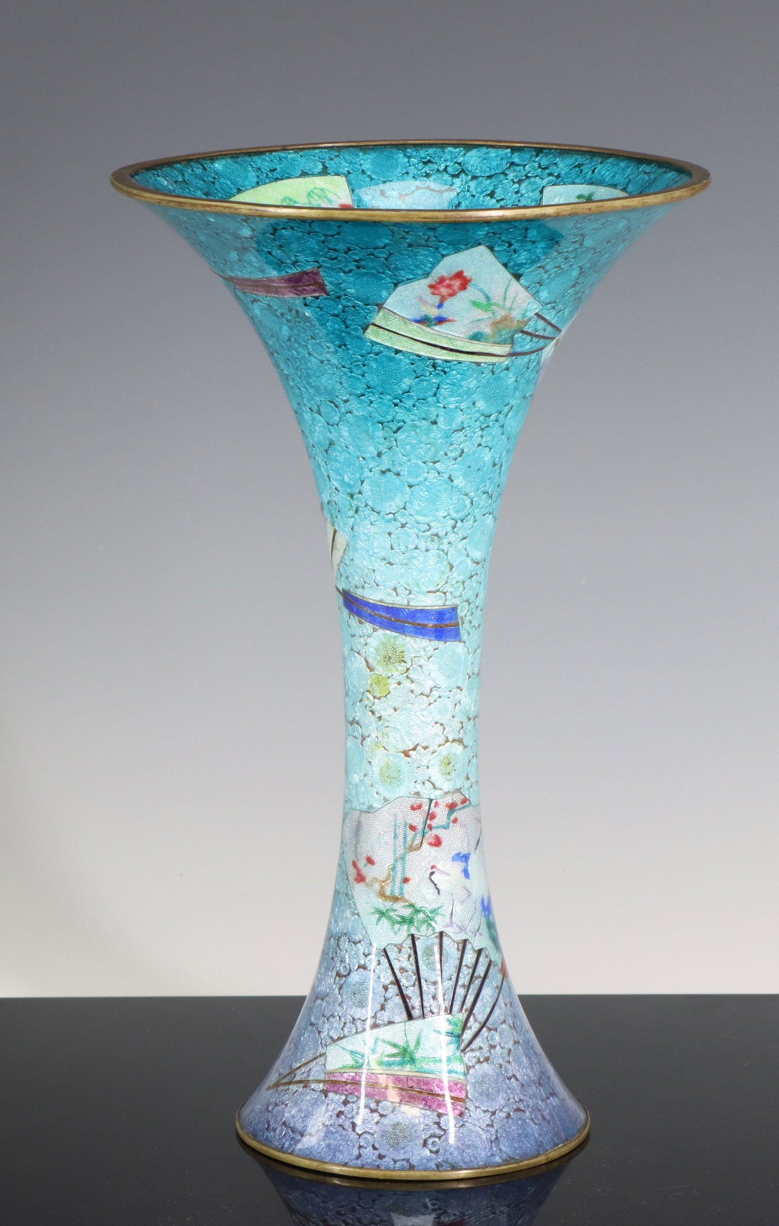 Japanese Ginbari Cloisonne Vase: Meiji - Taisho era silver wire beaker vase with all-over ginbari decoration in the form of fans decorated with dragons, birds, fish, flowers, and landscapes, over a millefleur ground in shades of blue