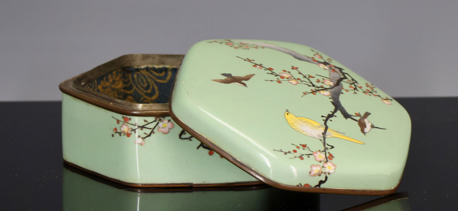 Attr. Hayashi Tanigora Japanese Cloisonne Box: Meiji - Showa era silver wire cloisonne hexagonal box with copper mounts, decorated with birds and cherry blossoms on a celadon ground, the foot with a rosette and butterfly, the interior silk lined.