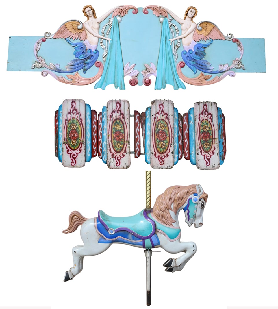 Carousel Horse and Ride Ornamentation Attr. Marvin Sylvor: Amusement park merry-go-round hand painted ensemble to include a cast metal carousel horse with stirrups and pole 35"h x 56"w x 10"d (Pole 88"h), relief fiberglass winged mermaid motif rounding board 