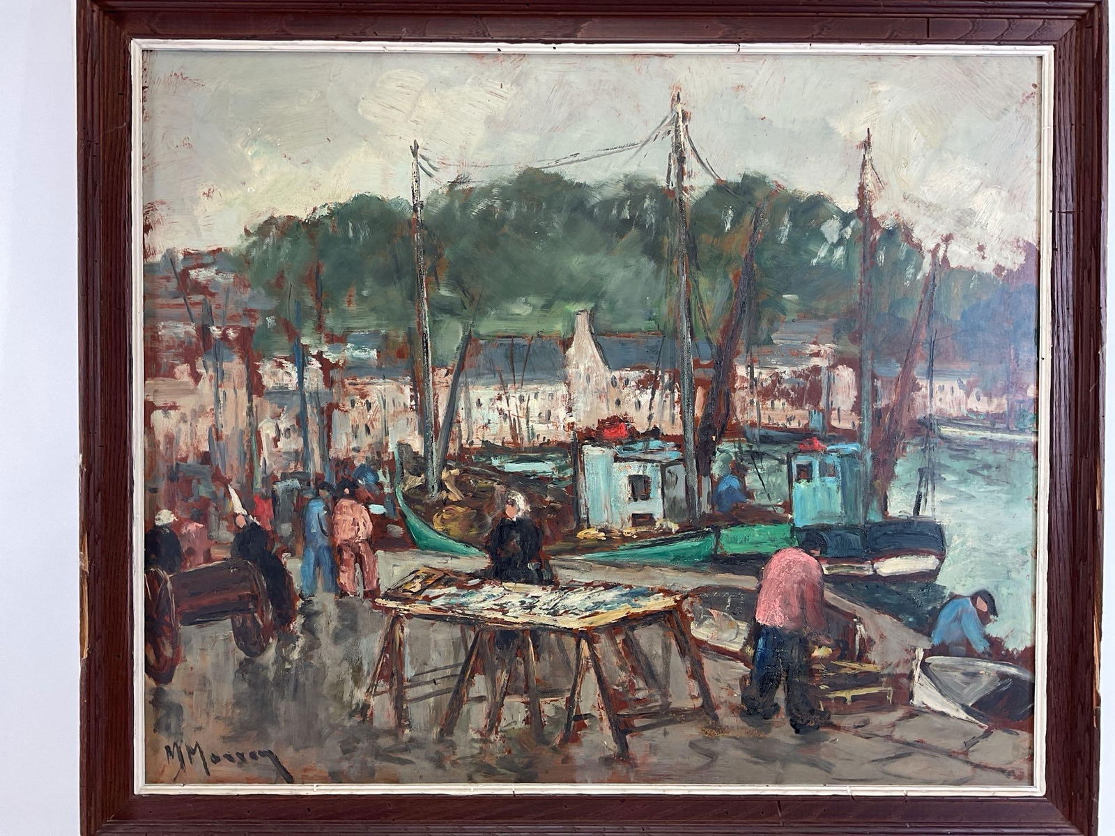 Antoine Blanchard (c.1910 - 1988): Oil on board, SLL "M. Masson". Impressionist scene of a bustling harbor. 23”h x 28”w sight and 2.5”h x 31.5”w framed