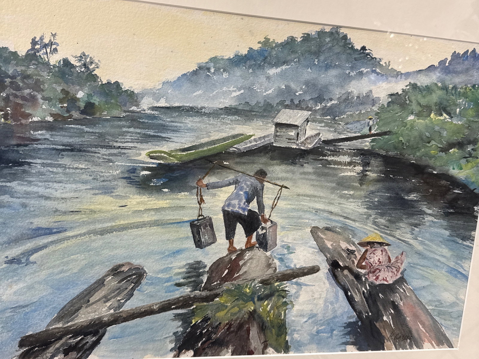 Henry Martin Gasser (1909 - 1981): Watercolor, SLR. River scene depicting two figures on logs. 14"h x 21.5" and 23"h x 29"w