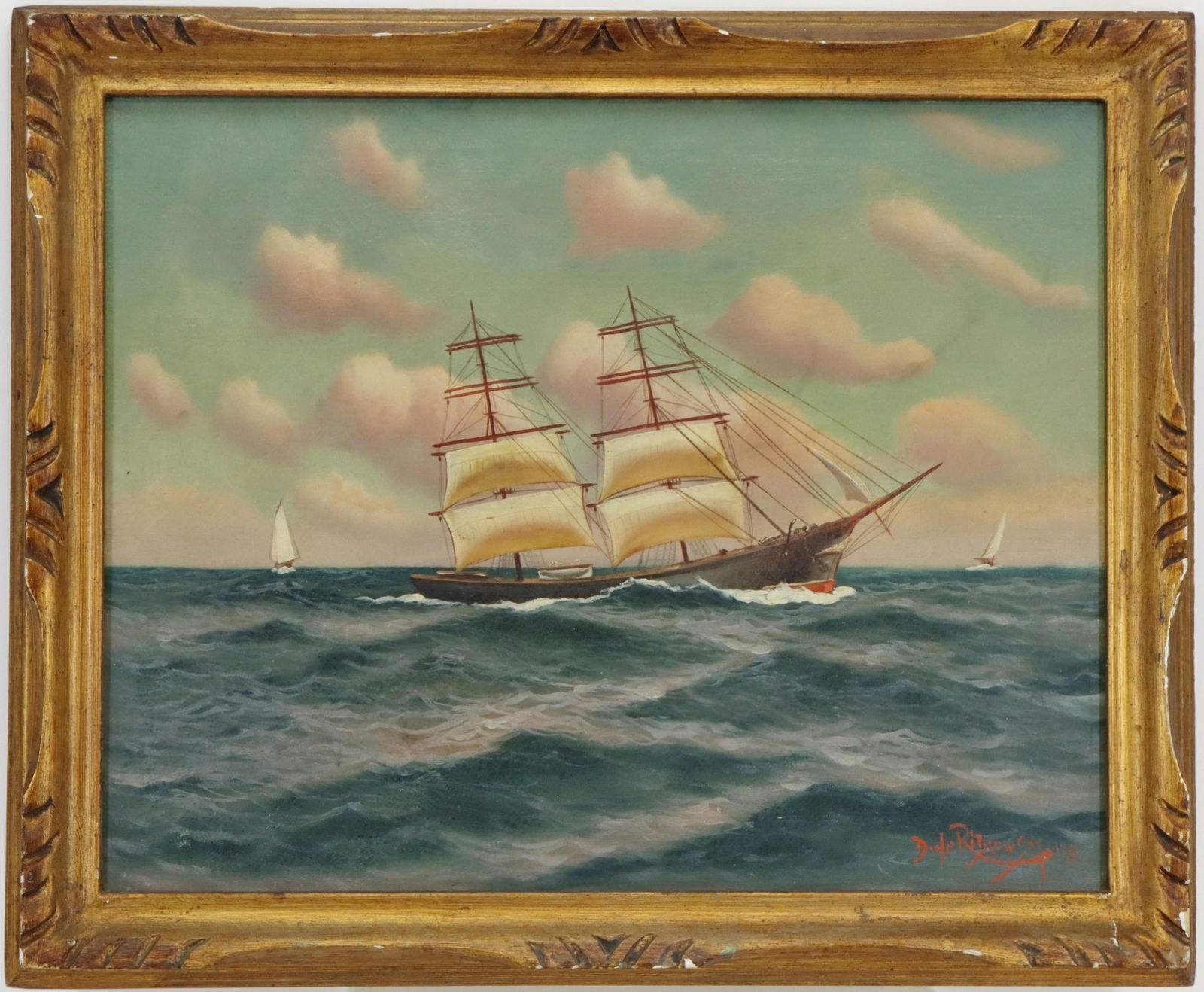 Richard Dey De Ribcowsky (1880-1936): Oil on canvas, SLR. Realist maritime scene with a three-masted sailing ship on choppy water. 16”h x 20”w and 19.5”h x 23.5”w framed 33154