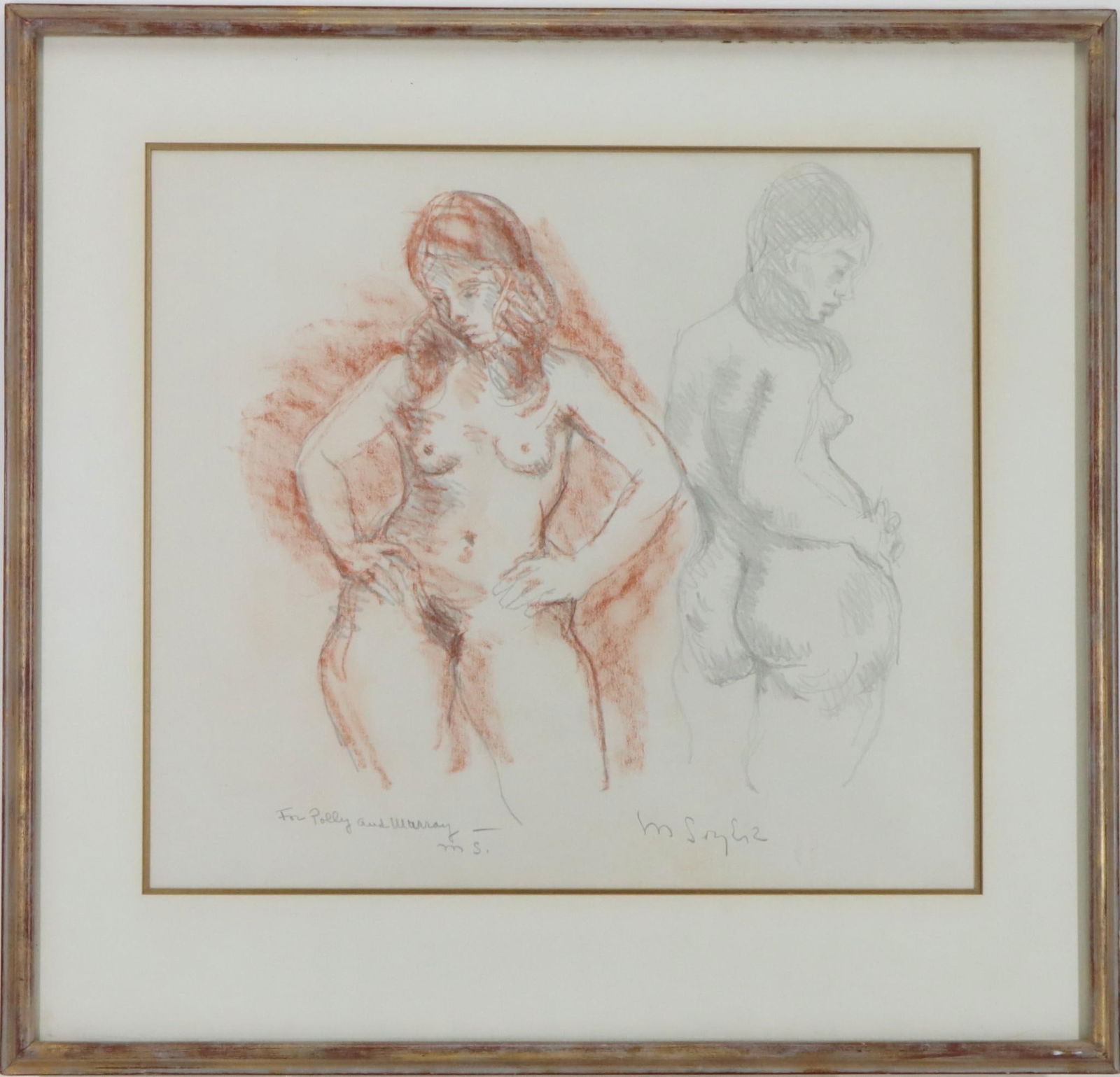 Moses Soyer (1899 - 1974): Conte Crayon and Graphite, "For Polly and Murray", SLR. Figural nude study. 15.5"h x 17"w 23.5"h x 22.5"w framed