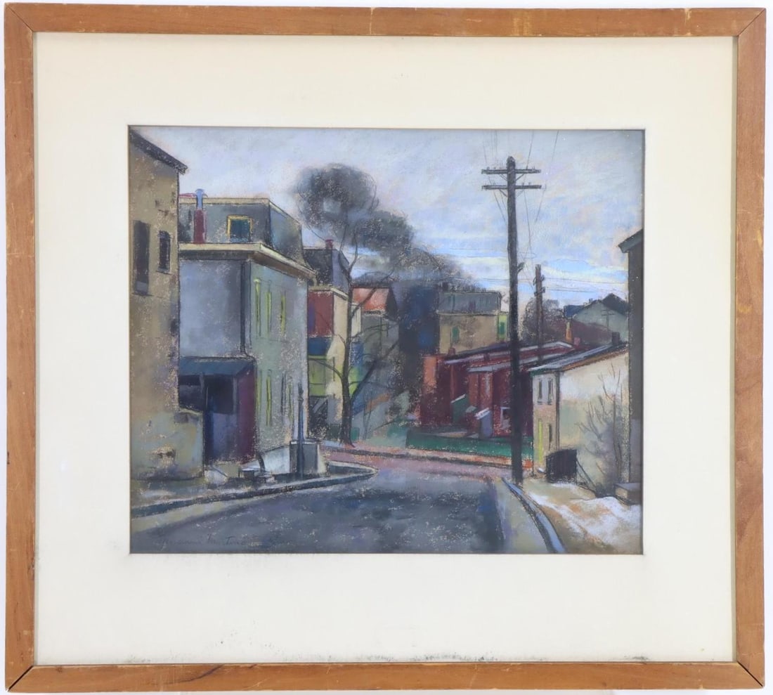 Giovanni Martino (1908 - 1997): Pastel, "Manayunk", SLL. Impressionist cityscape with houses lining a curved street and smoke rising in the distance. 11"h x 13.5"w sight 18"h X 20"w sight