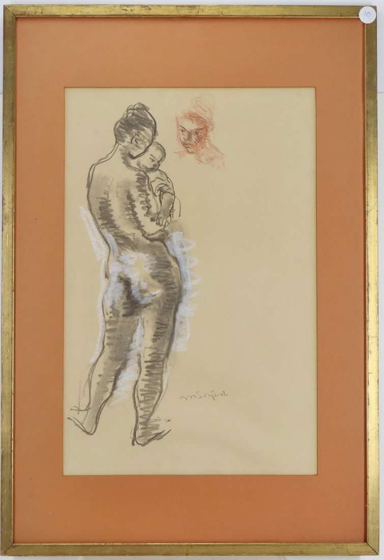 Moses Soyer (1899 - 1974): Conte Crayon, Goauche and Graphite, SLR. Standing nude woman holding an infant in her arms. 22"h x 14.5"w sight and 31"h x 21.5"w framed