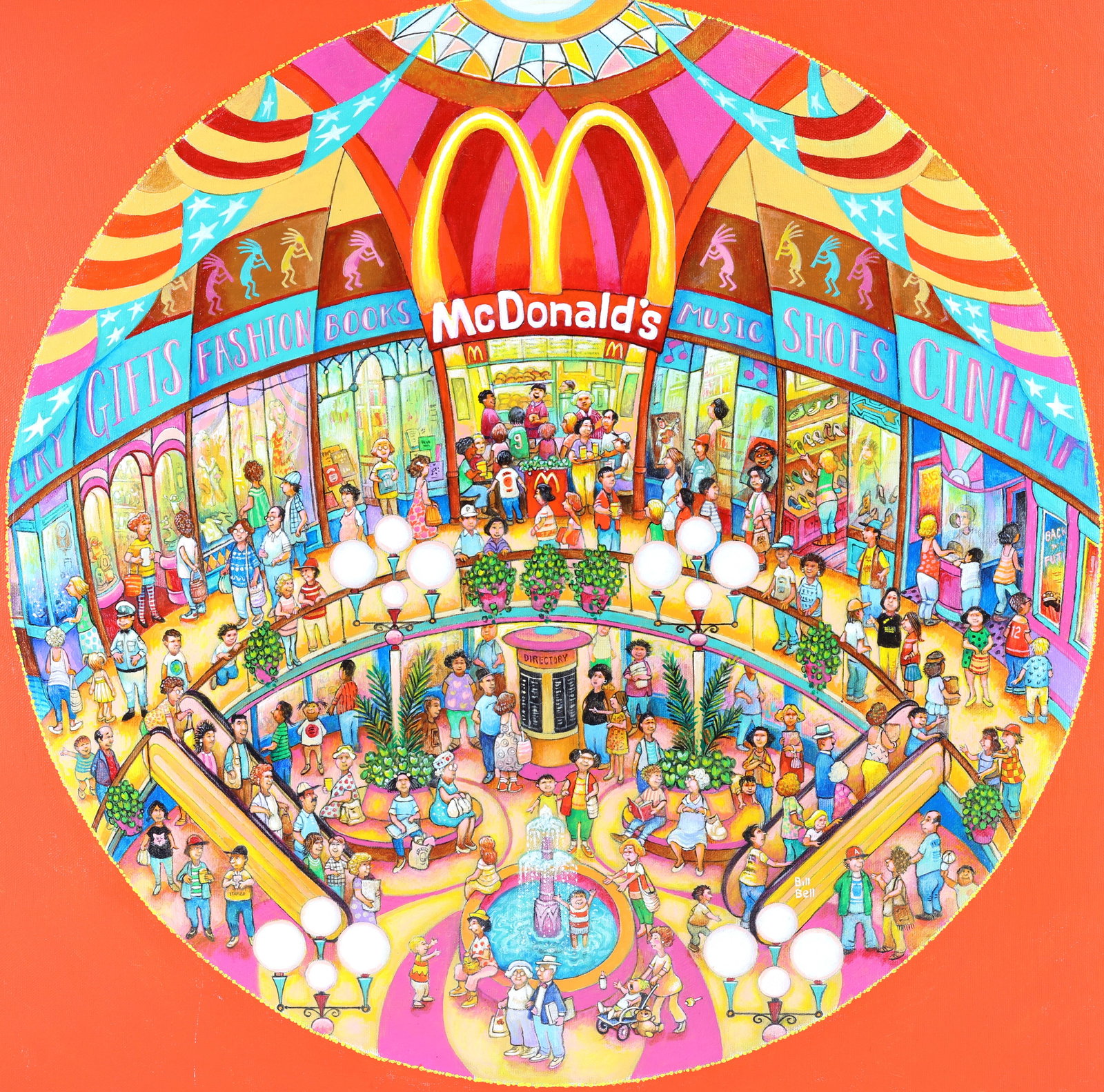 Bill Bell (Born 1934): Oil on canvas, " Golden Showcase", SLL. Original artwork for McDonalds collector plates issued by the Franklin Mint, circa 1994. Bustling shopping mall scene with a McDonald's restaurant at its center