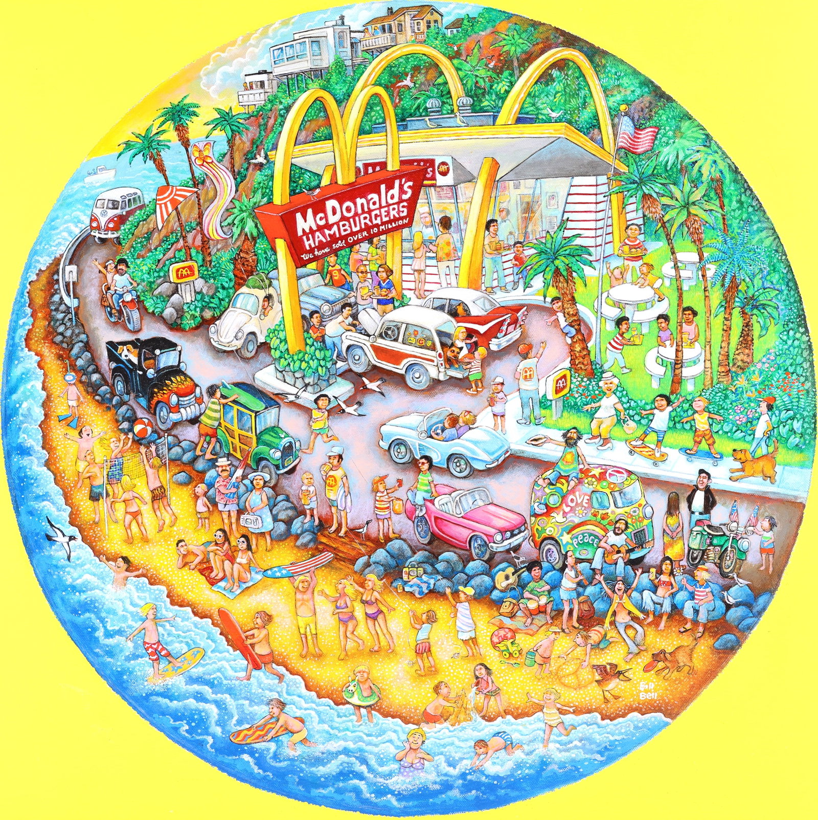 Bill Bell (Born 1934): Oil on canvas, " Golden Summer", SLL. Original artwork for McDonalds collector plates issued by the Franklin Mint, circa 1994. Lively beach and roadside scene centered around a retro McDonald’s rest