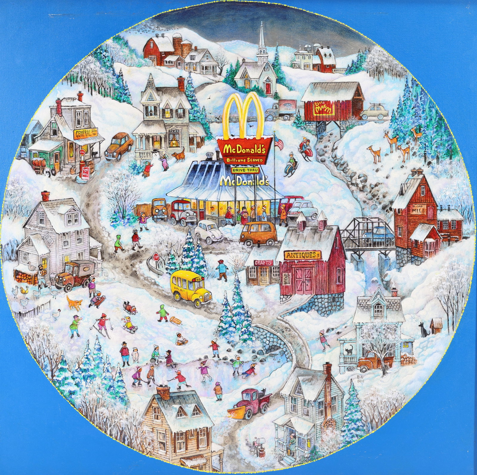 Bill Bell (Born 1934): Oil on canvas, " Golden Country", SLL. Original artwork for McDonalds collector plates issued by the Franklin Mint, circa 1994. Bustling, snow-covered village scene centered around a vintage McDonald'