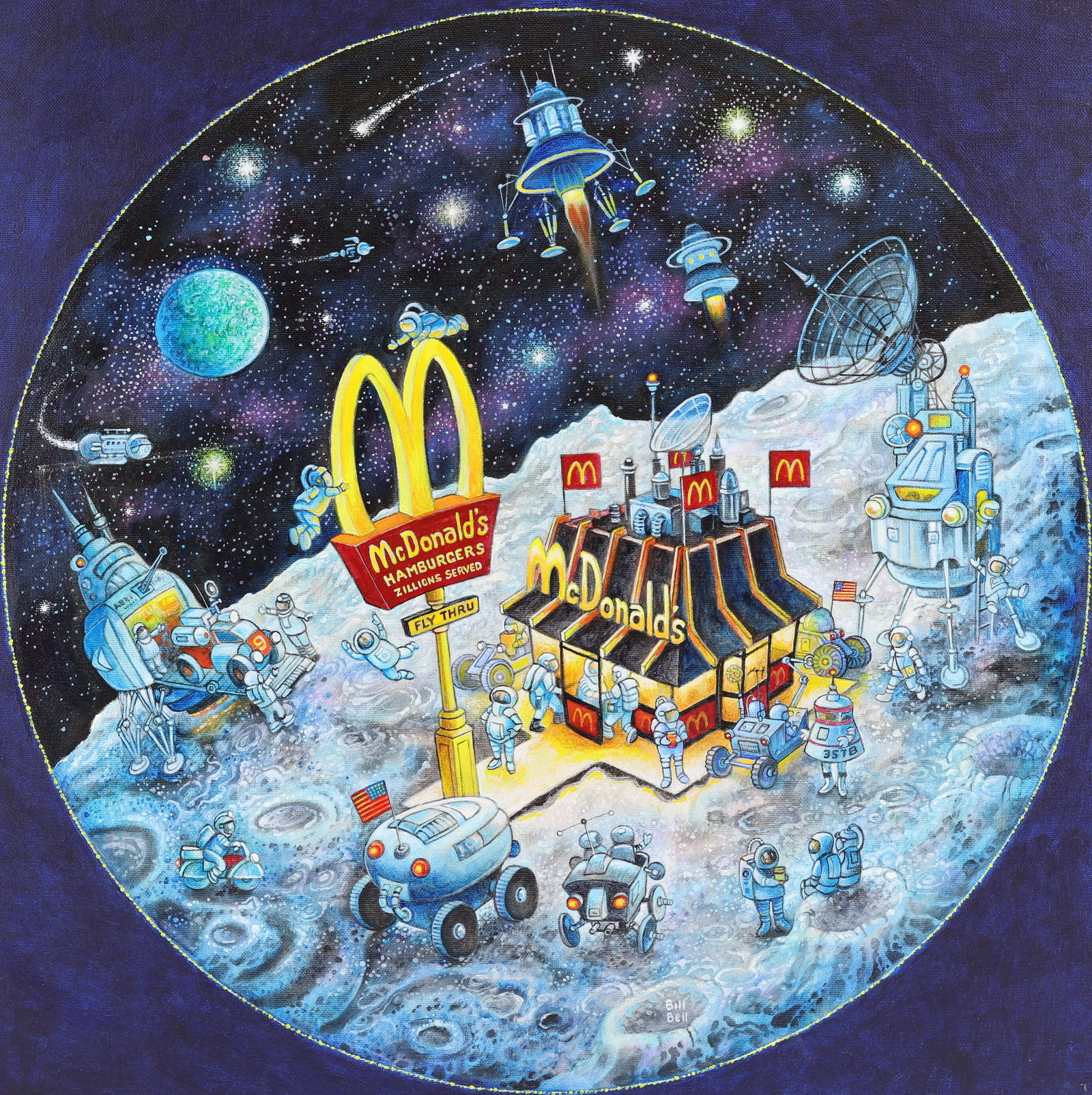 Bill Bell (Born 1934): Oil on canvas, " Golden Dreams", SLL. Original artwork for McDonalds collector plates issued by the Franklin Mint, circa 1994. Lunar scene with a futuristic McDonald’s restaurant operating on the mo