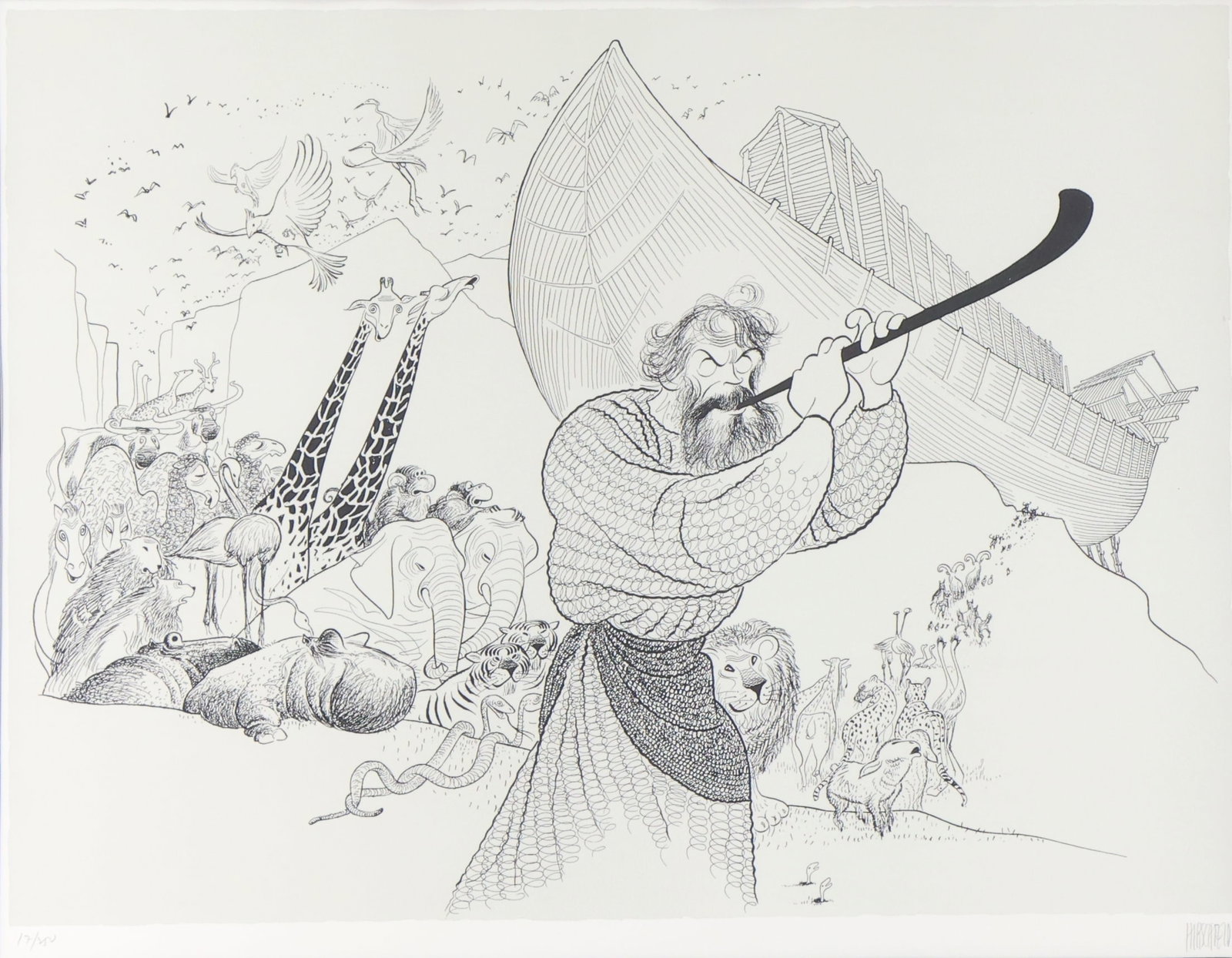 Albert Hirschfeld (1903 - 2003): Lithograph, "Noah's Ark - John Huston as Noah, in The Bible" pencil signed lower right and numbered 17/250. 16"h x 21"w sight and 22"h x 27"w framed