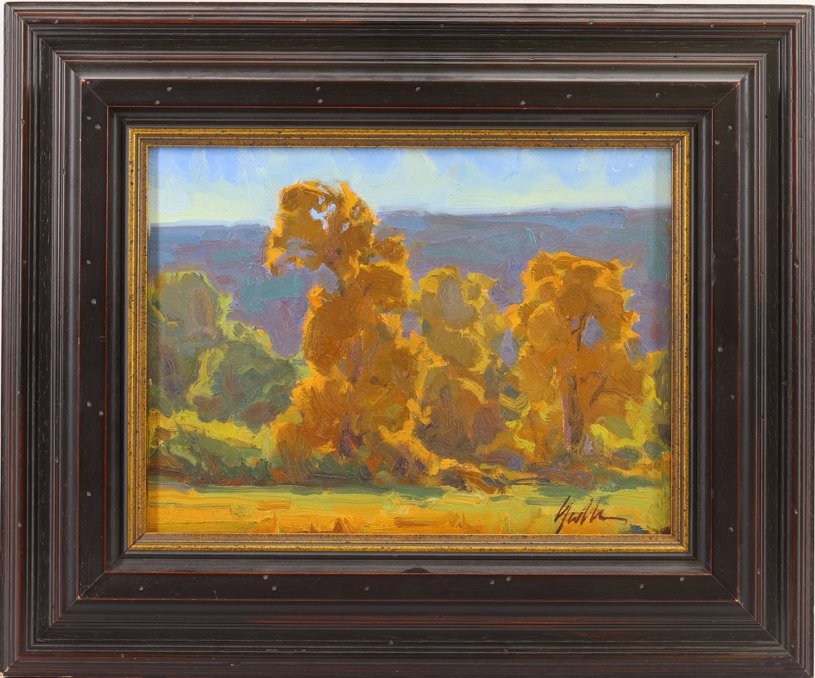 Bill Gallen (Born 1958): Oil on canvas, "Afternoon Cottonwoods", 2006, SLR. Impressionist landscape with autumn trees. 9"h x 12"w and 15"h x 18"w framed. SLR.
