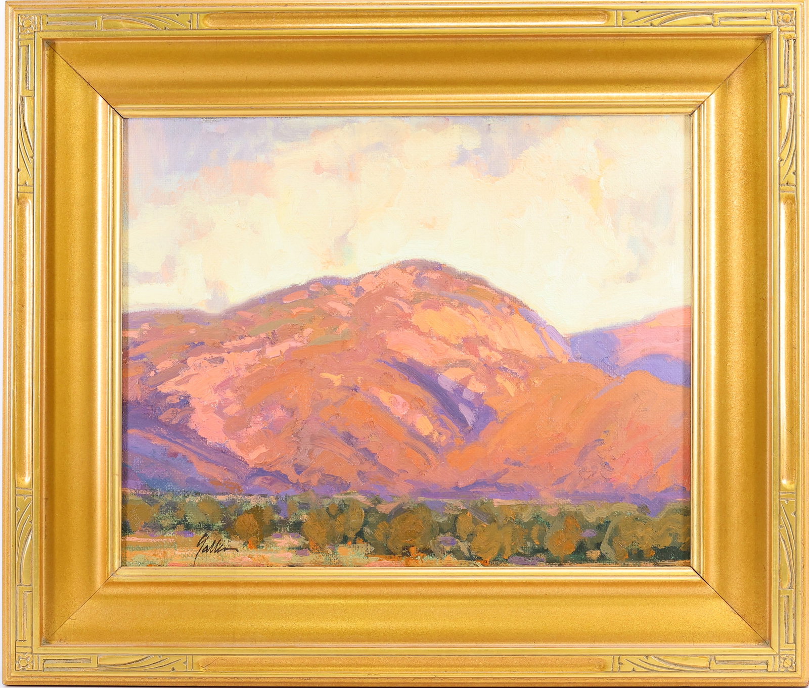 Bill Gallen (Born 1958): Oil on board, "El Salto Twilight", SLL. Impressionist desert mountain landscape. 16"h x 20"w and 23"h x 27"w framed