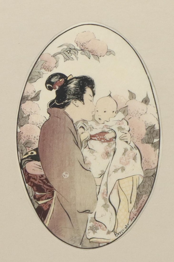 Helen Hyde (1868 - 1919): Woodblock, "The Secret", pencil signed lower left. Japanese-influenced woodblock print depicting scenes of daily life. Impression size 8.25"h x 5.5"w sheet 16"h x 10.5"w