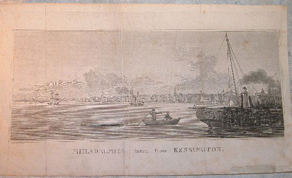 Engraving by Thomas Birch of Philadelphia: Print titled "Philadelphia, Taken from Kensington" by Thomas Birch and S. Seymour. Image shows Philadelphia skyline from river. Sheet measures 7.5" x 12.75" and exhibits some folds, edge tears, and ha