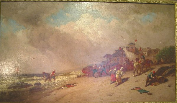 George Washington Nicholson.: Beach scene, oil on canvas, 24" x 42", S&DLL, "G.W. Nicholson, 1887". Artist: b. 1832, d. 1912, American. Condition: relined, in-paint.