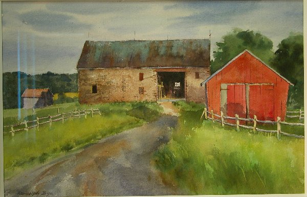 Ranulph Bye.: Titled, "Farm at Dusk, Gardenville", watercolor, 13 ½" x 21" sight, SLL, "Ranulph Bye". Artist: b. 1916, Pennsylvania. Condition: no defects observed.