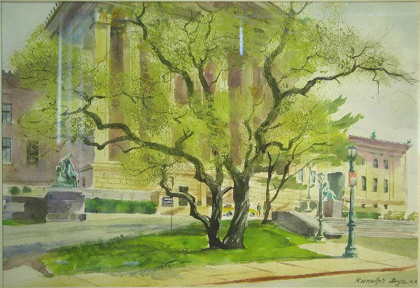 Ranulph Bye.: Titled, "West Entrance Philadelphia Museum of Art", watercolor, 13 ½" x 19 ¾" sight, SLR, "Ranulph Bye". Artist: b. 1916, Pennsylvania. Condition: no defects observed.