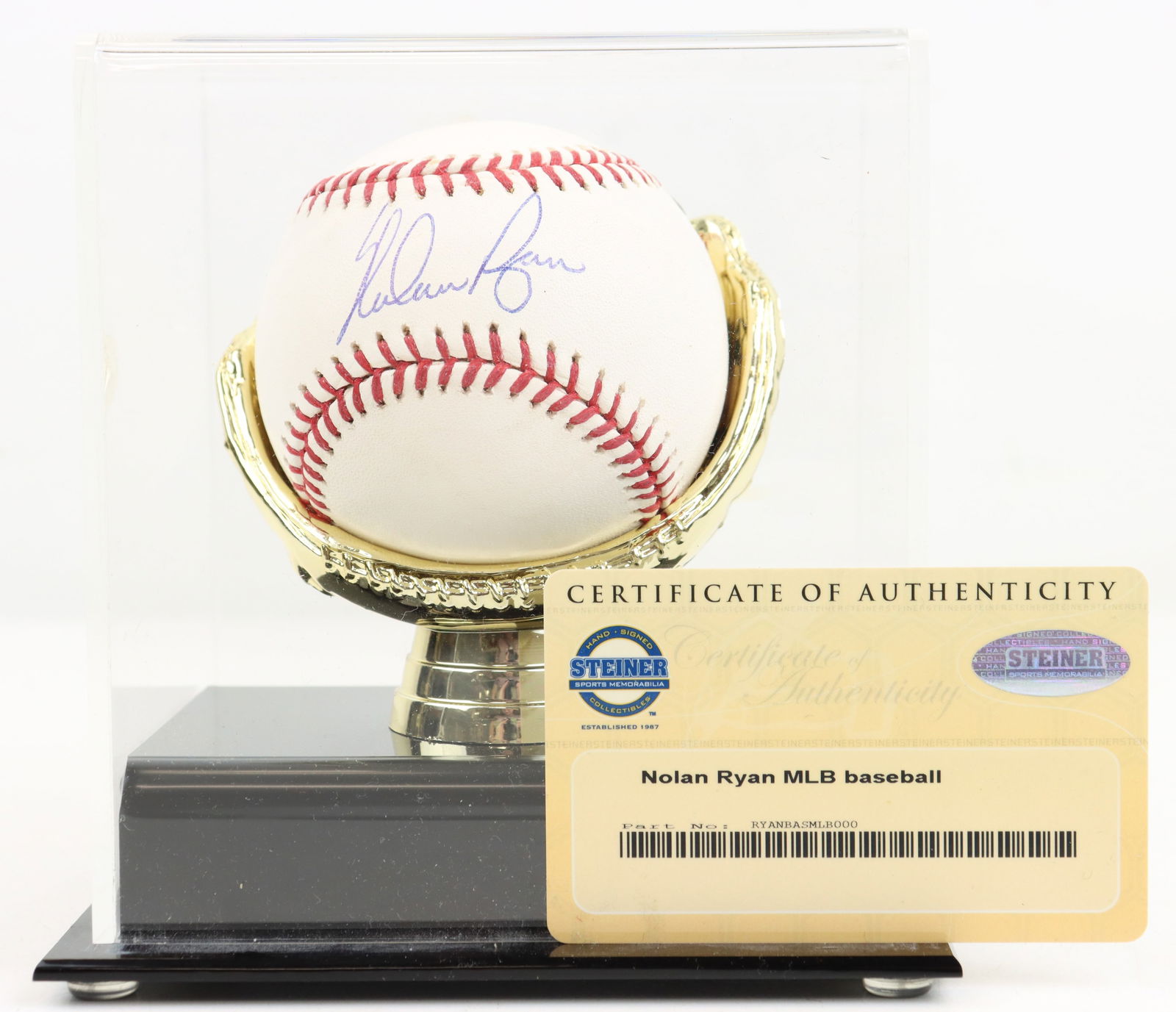 Nolan Ryan Autographed Baseball: This Nolan Ryan autographed official Major League Baseball features the iconic signature of one of baseball's greatest pitchers. The ball is an Allen H. Selig model and comes secured with a Steiner ho