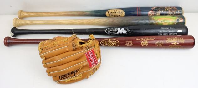 (4) NY Yankee Baseball Bats & Autographed Glove