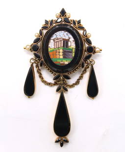 19th c. Micromosaic Pin: 14k Victorian micro mosaic brooch with a classical temple scene, set within a black onyx and gold frame with pearl accents and three onyx drop pendants. 2.75"h x 1.75"w 7.8dwt