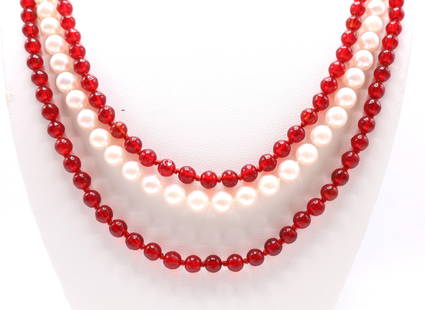 14k WG Diamond Garnet and Pearl Necklace: 14k white gold triple strand necklace with two strands of garnet beads and one strand of pearls. Garnet beads are approx. 5mm and pearls are 6mm. The clasp is set with marquise, round cut and baguette