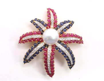 18k YG Cultured Pearl Gem Set Brooch