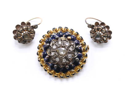 14k YG Diamond Enamel Brooch: Victorian 14k yellow gold brooch and 10k gold earring set, each piece featuring rose-cut diamonds, the brooch further accented with deep blue enamel and gold link border. Central stone on the brooch i